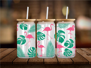 green leaves and pink flamingoes