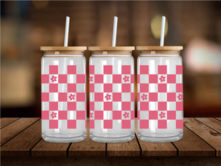 Pink Flower Checkered UV DTF 16oz Wrap