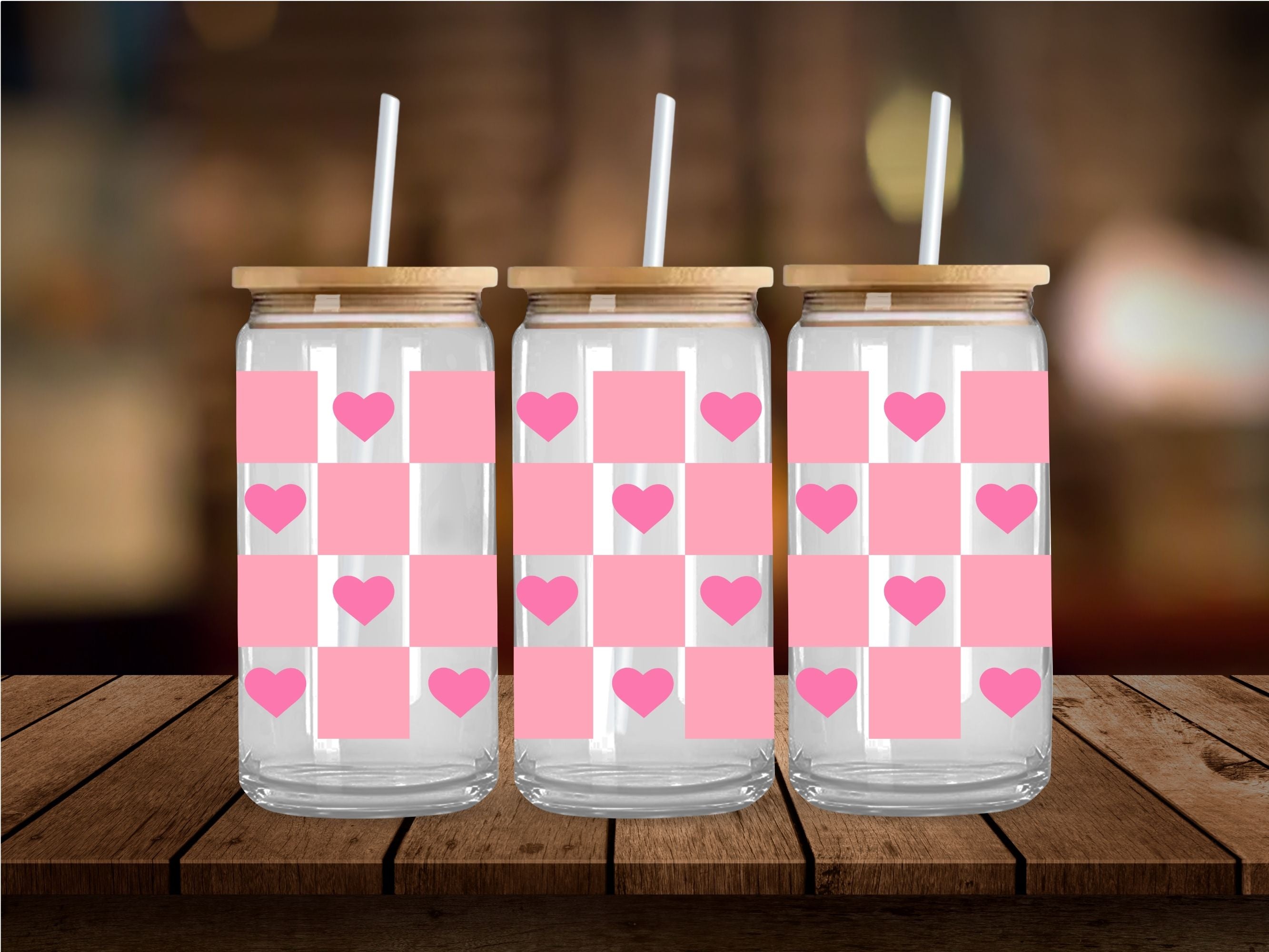Pink Hearts and Checkered UV DTF 16oz Wrap