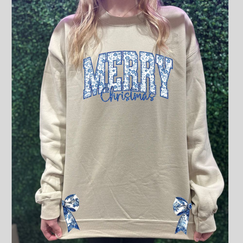 Blue Paisley Print Merry Christmas and Bows