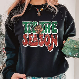 Tis The Season Groovy Distressed Green Red Glitter Pinecone