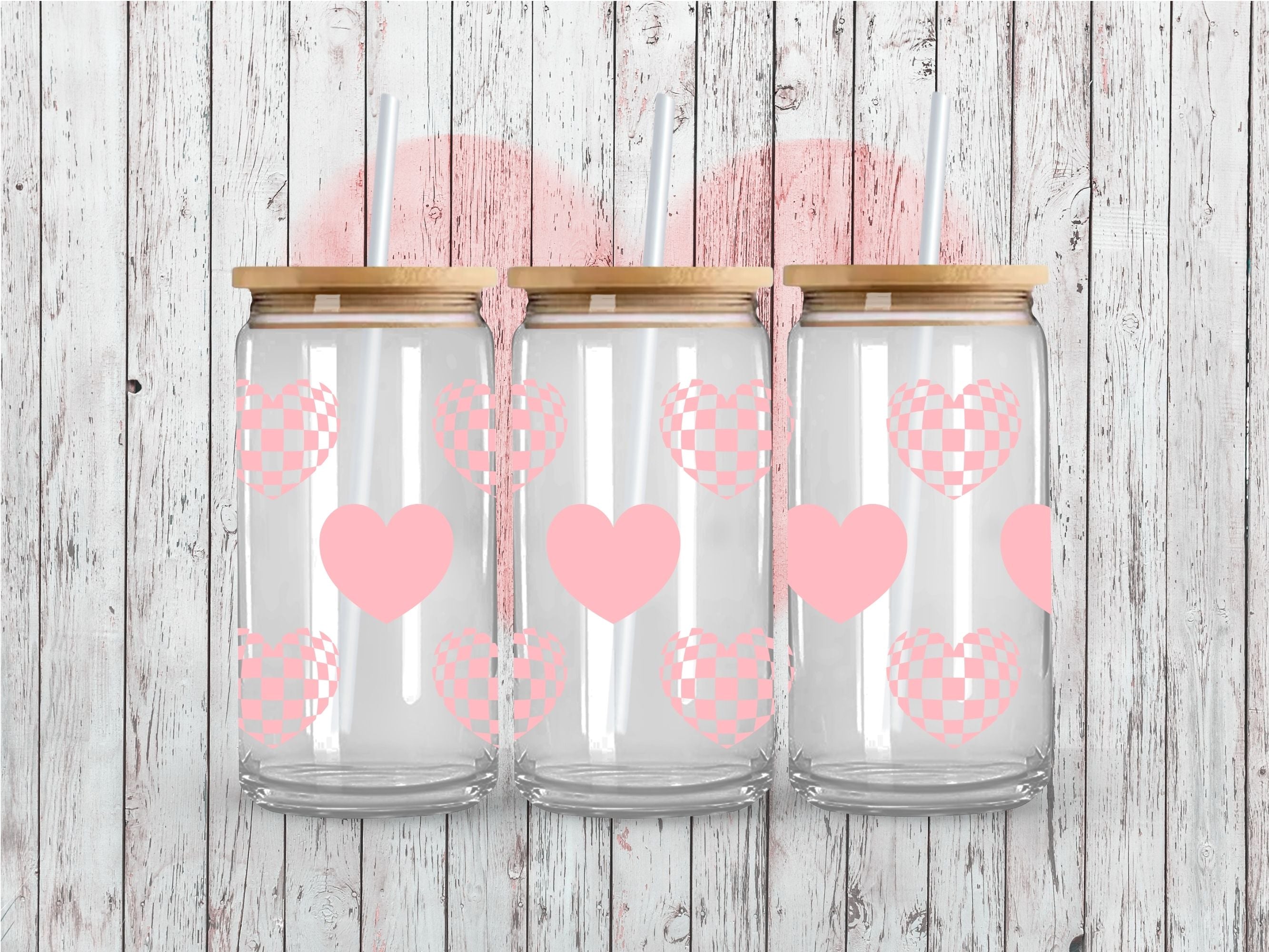 Pink Checkered Hearts UV DTF 16oz