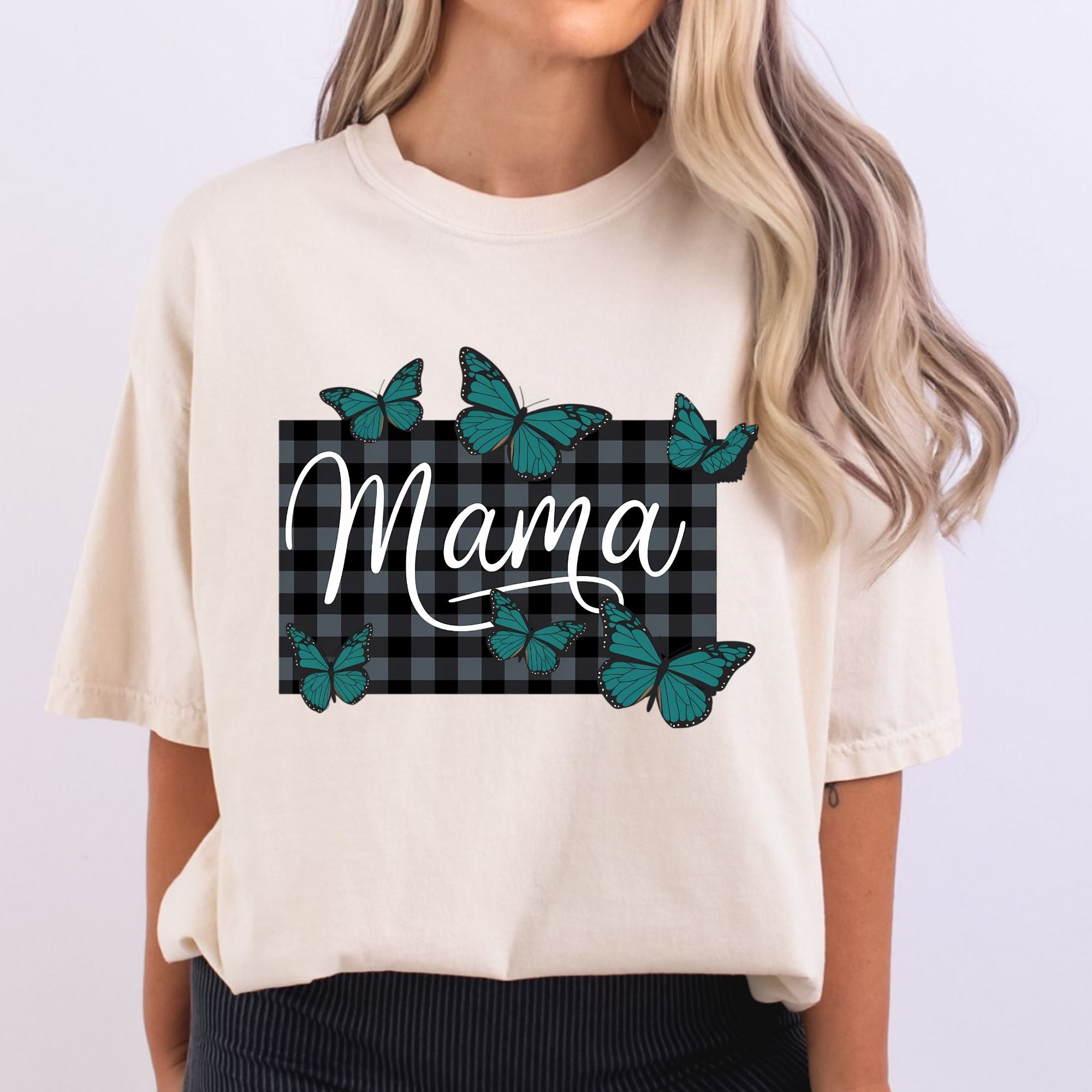 Black Plaid Mama Blue Butterflies