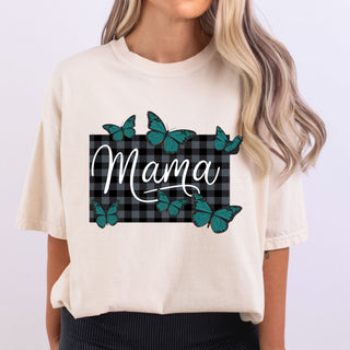 Black Plaid Mama Blue Butterflies