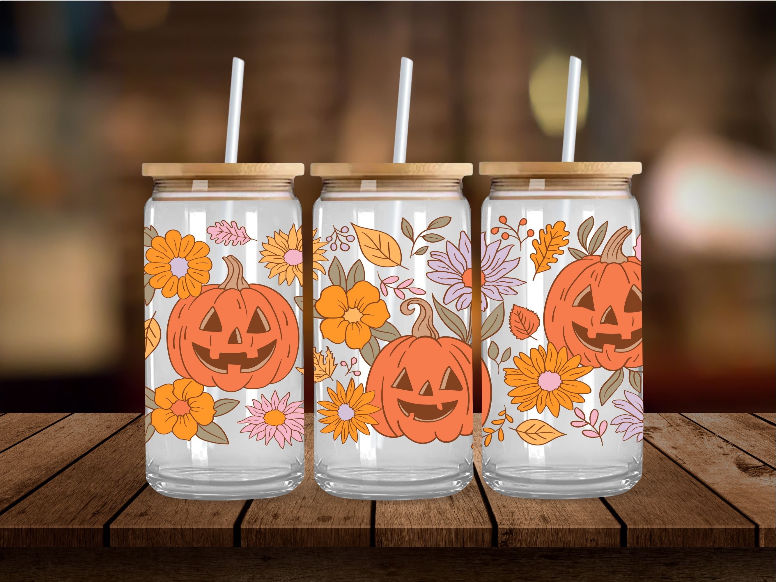 Boho Floral Pumpkin Trio 16 Oz Wrap