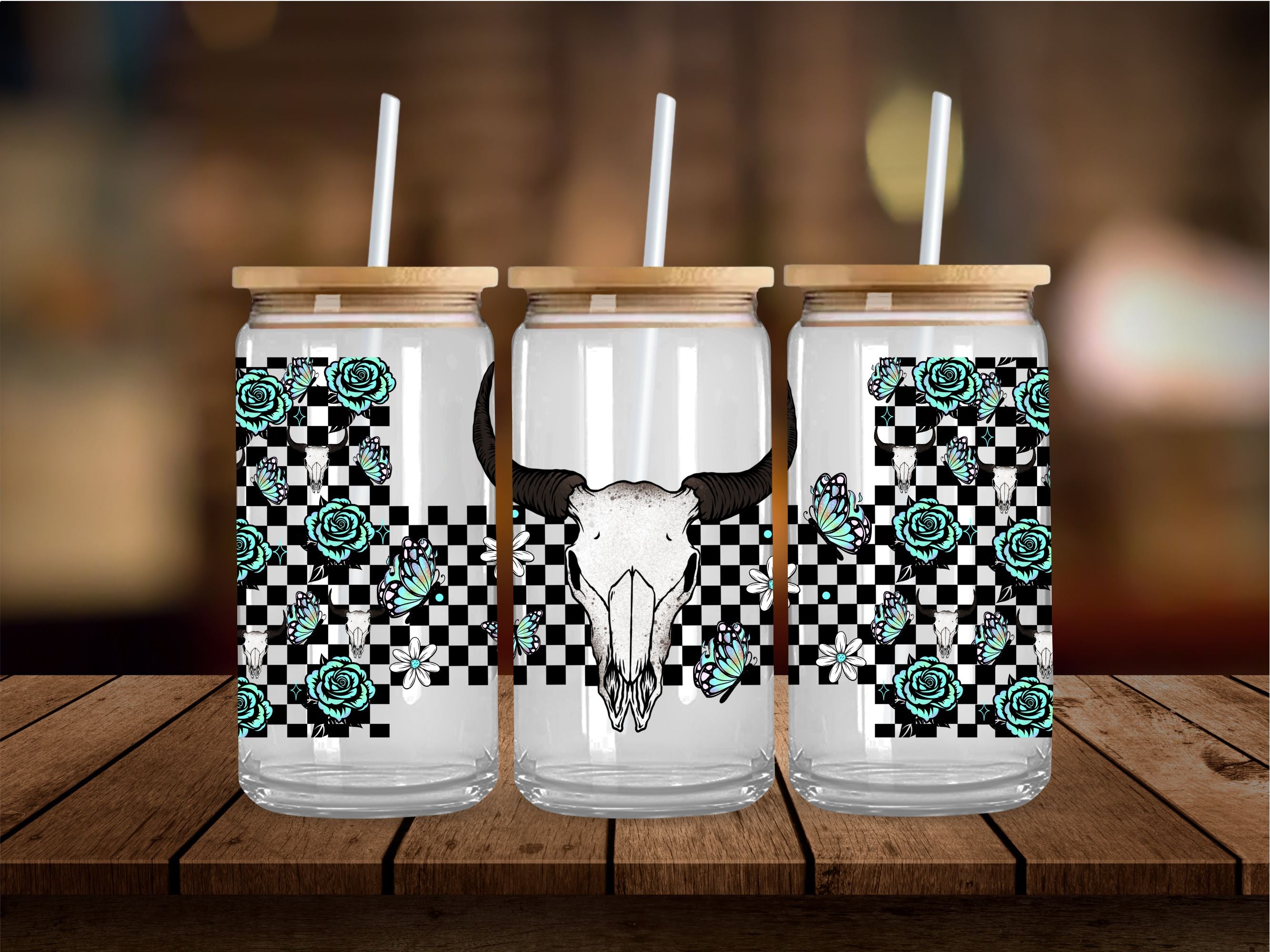 Checkered Bull Skull 16 Oz Wrap