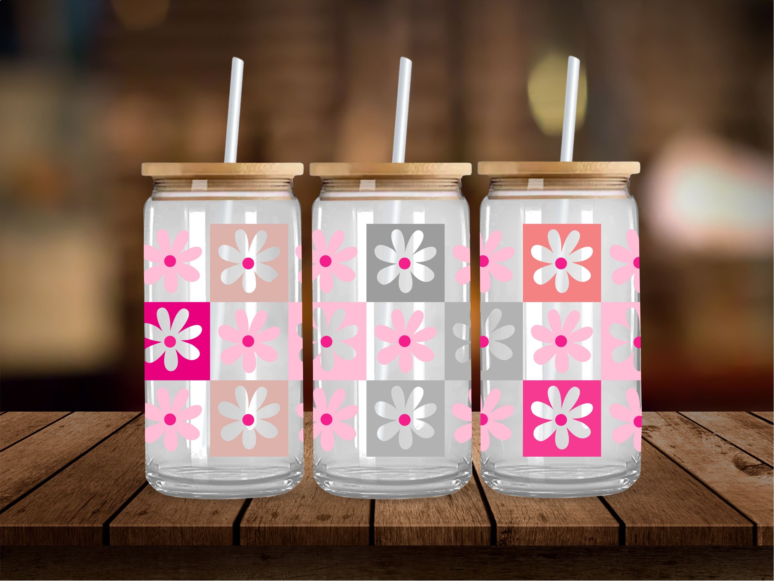 Cutesy Pastel Checkered Flowers 16 Oz Wrap