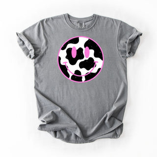 Distressed Cow Print Pink Smiley