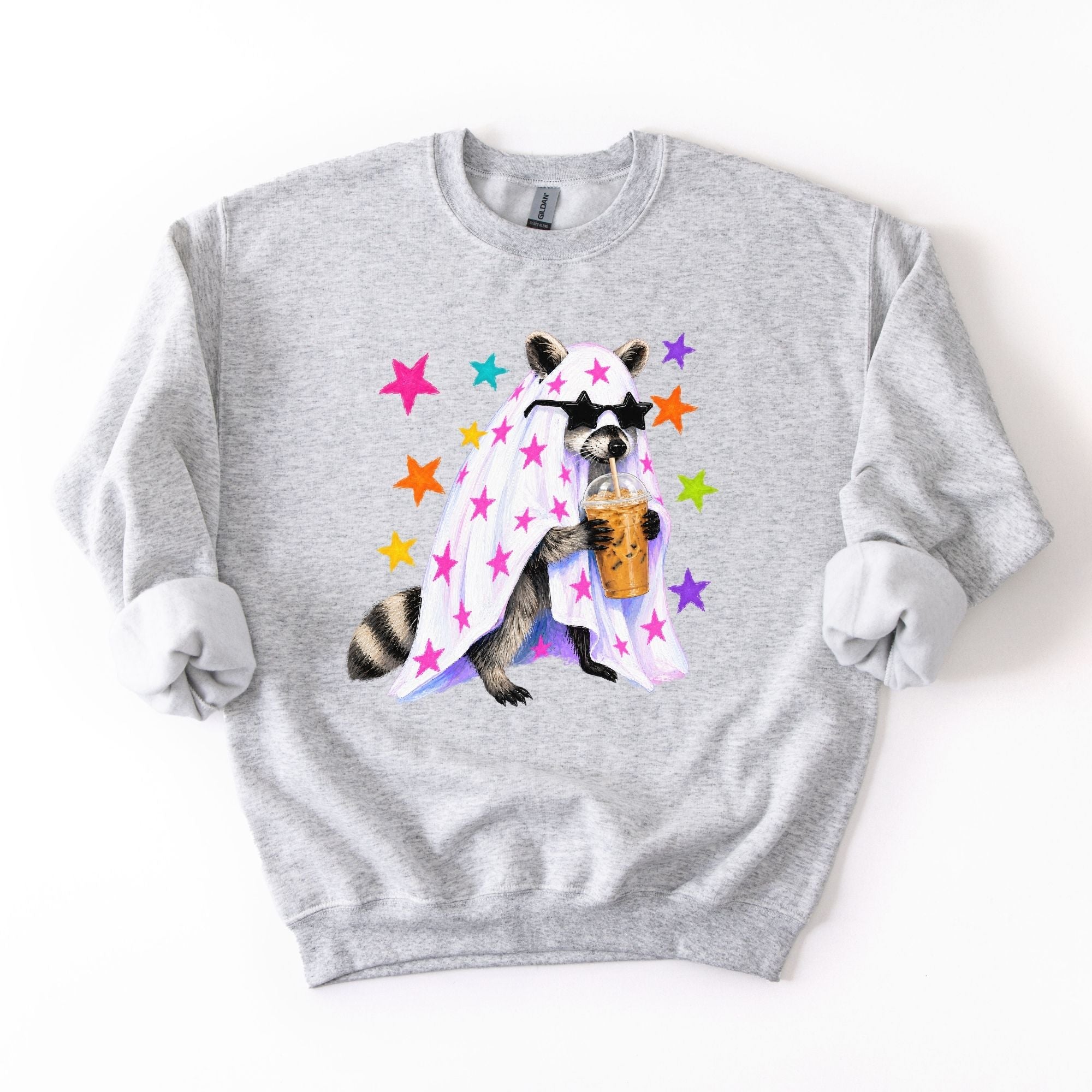 Distressed Neon Coffee Sippin Raccoon Ghost