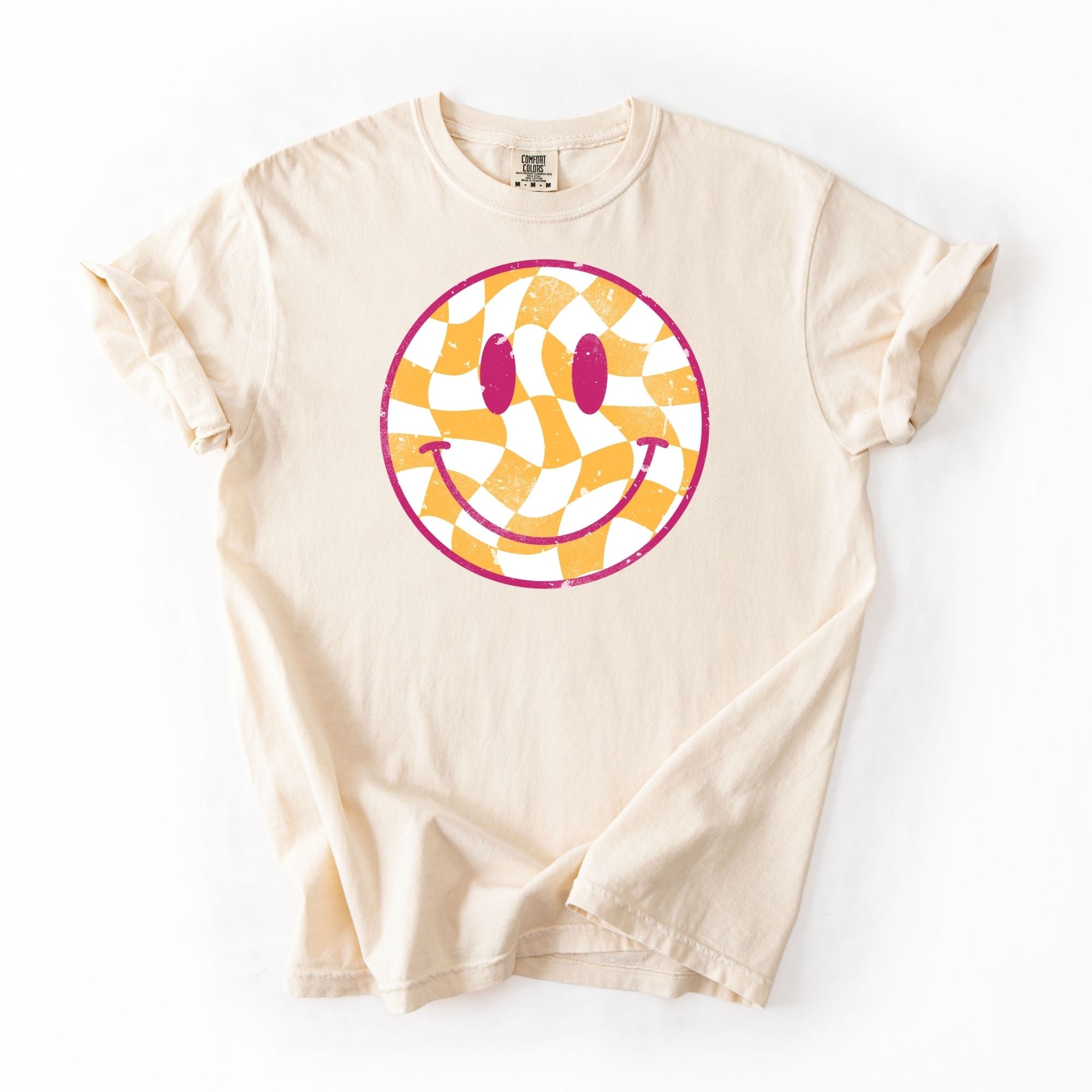 Distressed Yellow Groovy Checkered Smiley