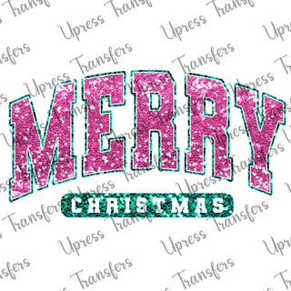 Faux Sequins Merry Christmas Pink and Green