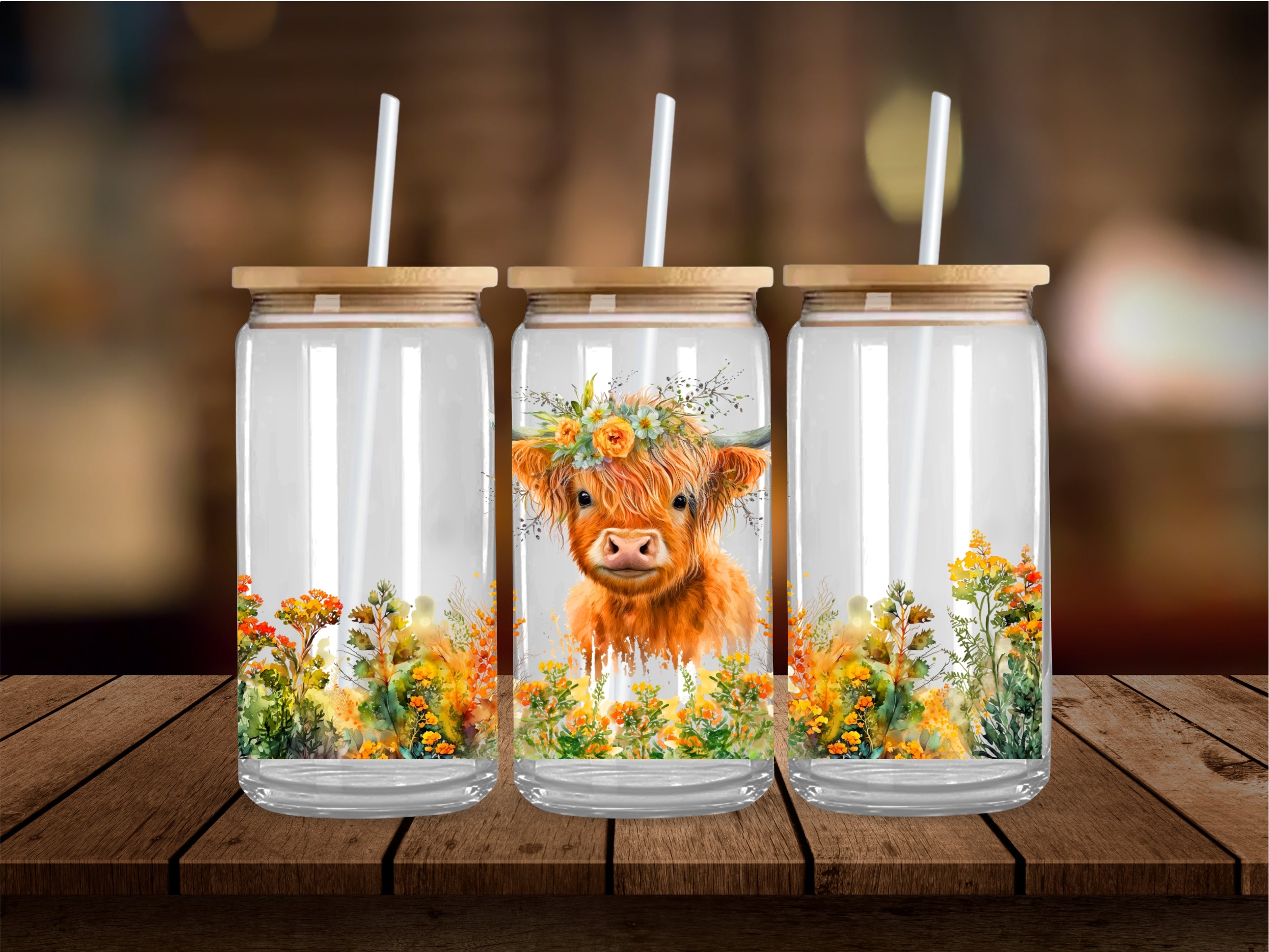 Floral Highland Cow 16 Oz Wrap