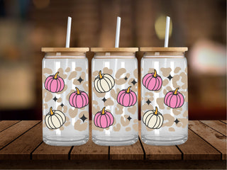 Leopard Print Background with Cream and Pink Pumpkins 16 Oz Wrap