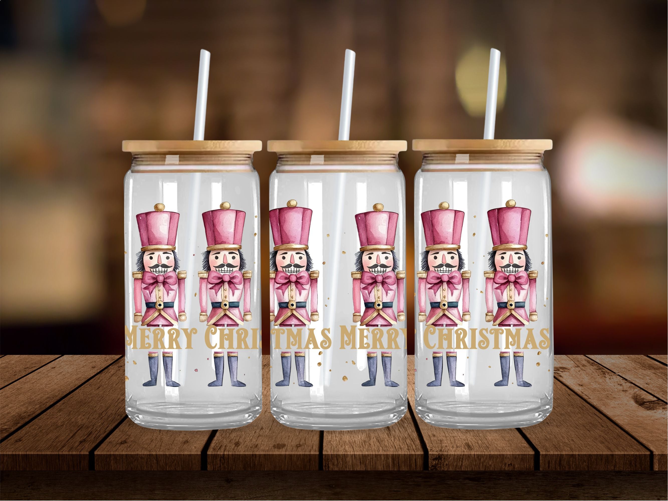 Merry Christmas Nutcrackers Pink Watercolor 16 Oz Wrap
