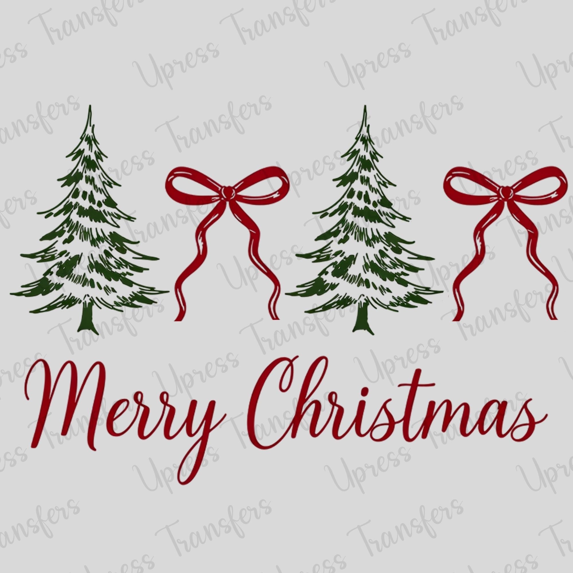 Merry Christmas Red Script Trees and Bows