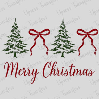 Merry Christmas Red Script Trees and Bows