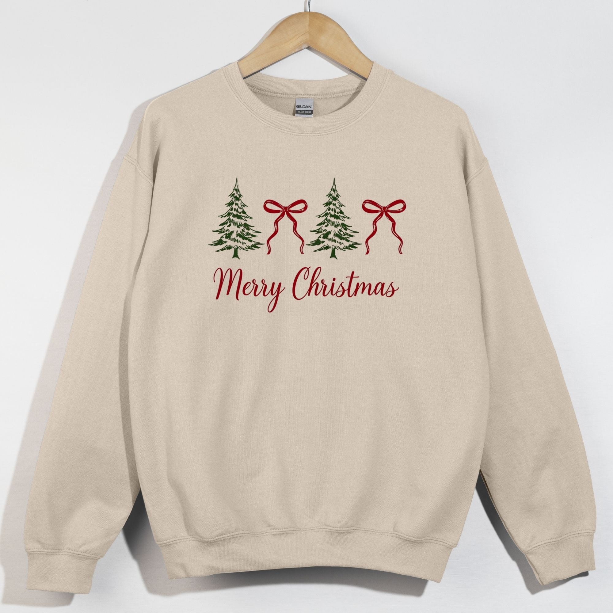 Merry Christmas Red Script Trees and Bows