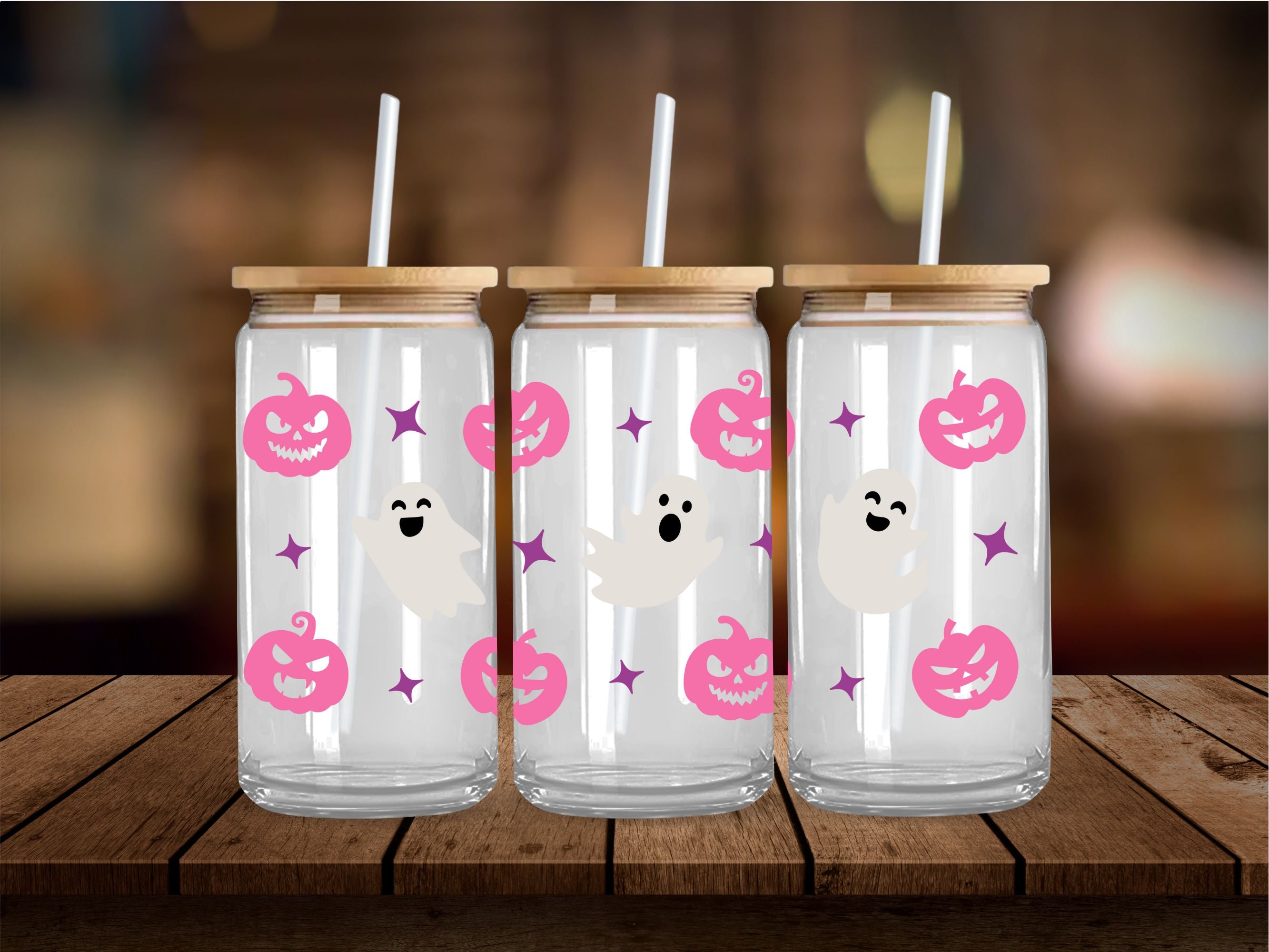 Pink Pumpkins Ghosts and Purple Stars 16 Oz Wrap