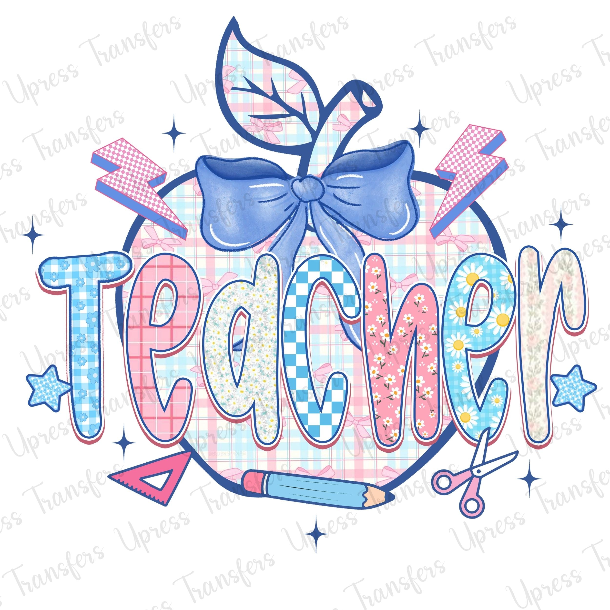 Preppy Teacher Apple Blue Bow