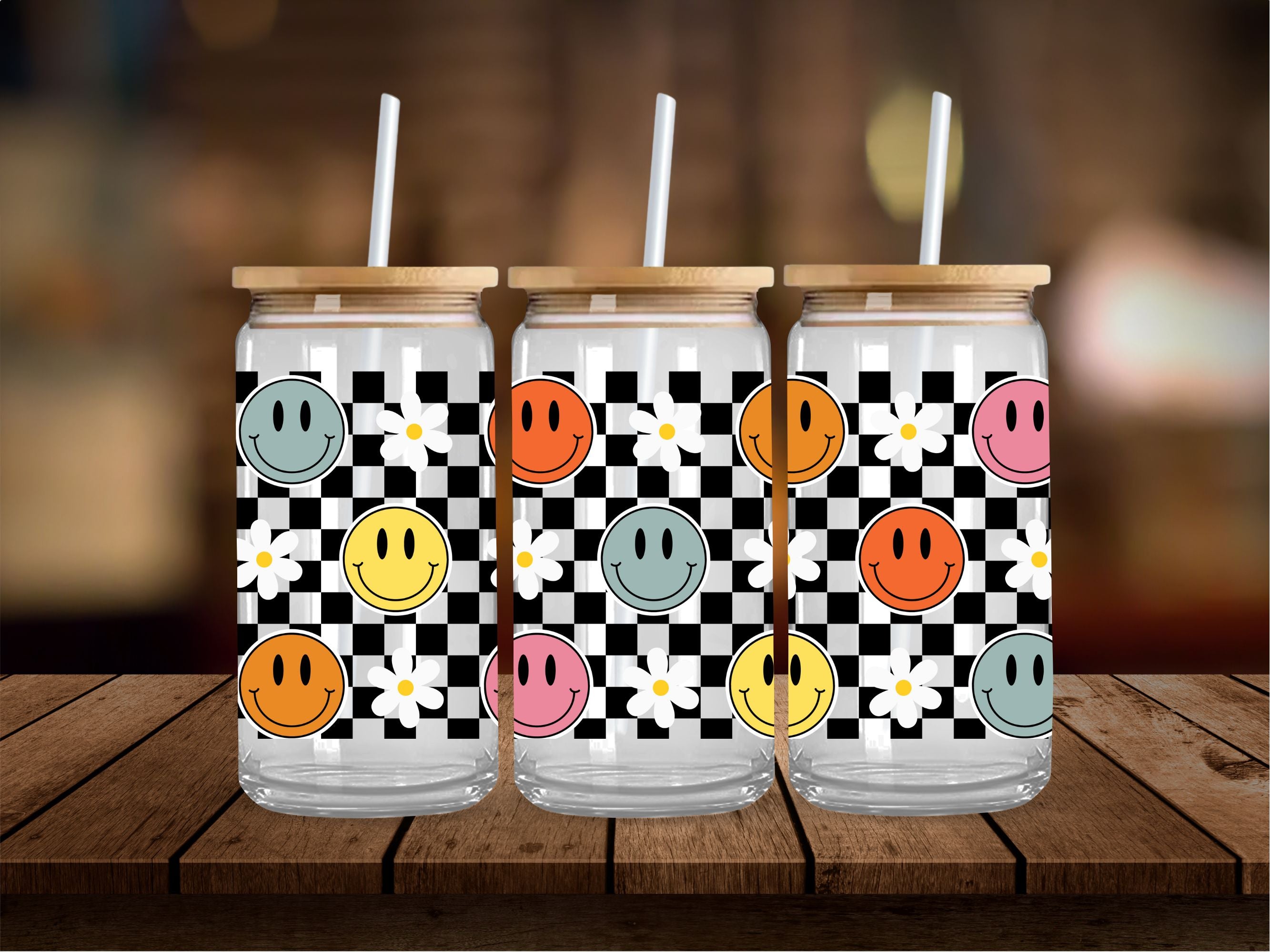 Retro Colorful Smiles and Flowers with Checkered 16 Oz Wrap