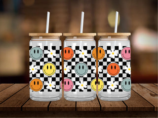 Retro Colorful Smiles and Flowers with Checkered 16 Oz Wrap