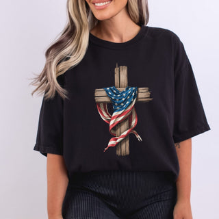 Rustic Cross Wrapped In Flag