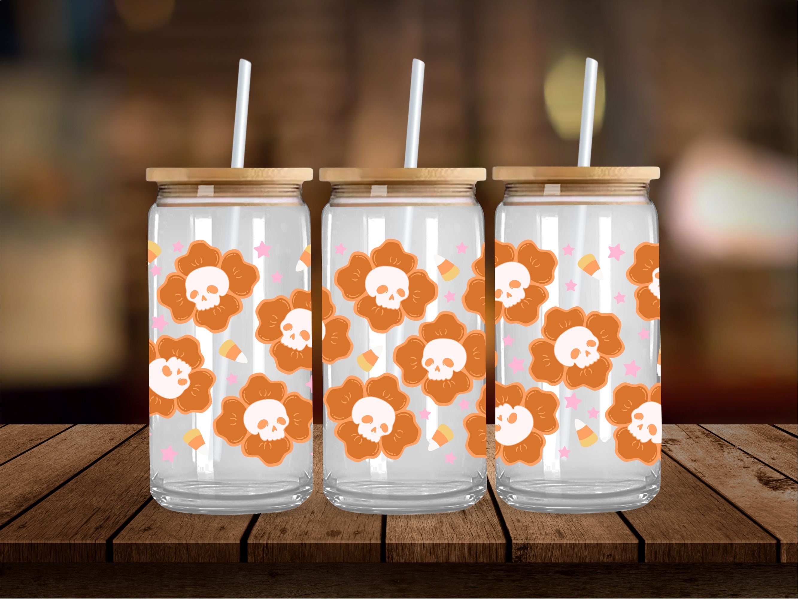 Skull Flowers Candy Corn 16 Oz Wrap
