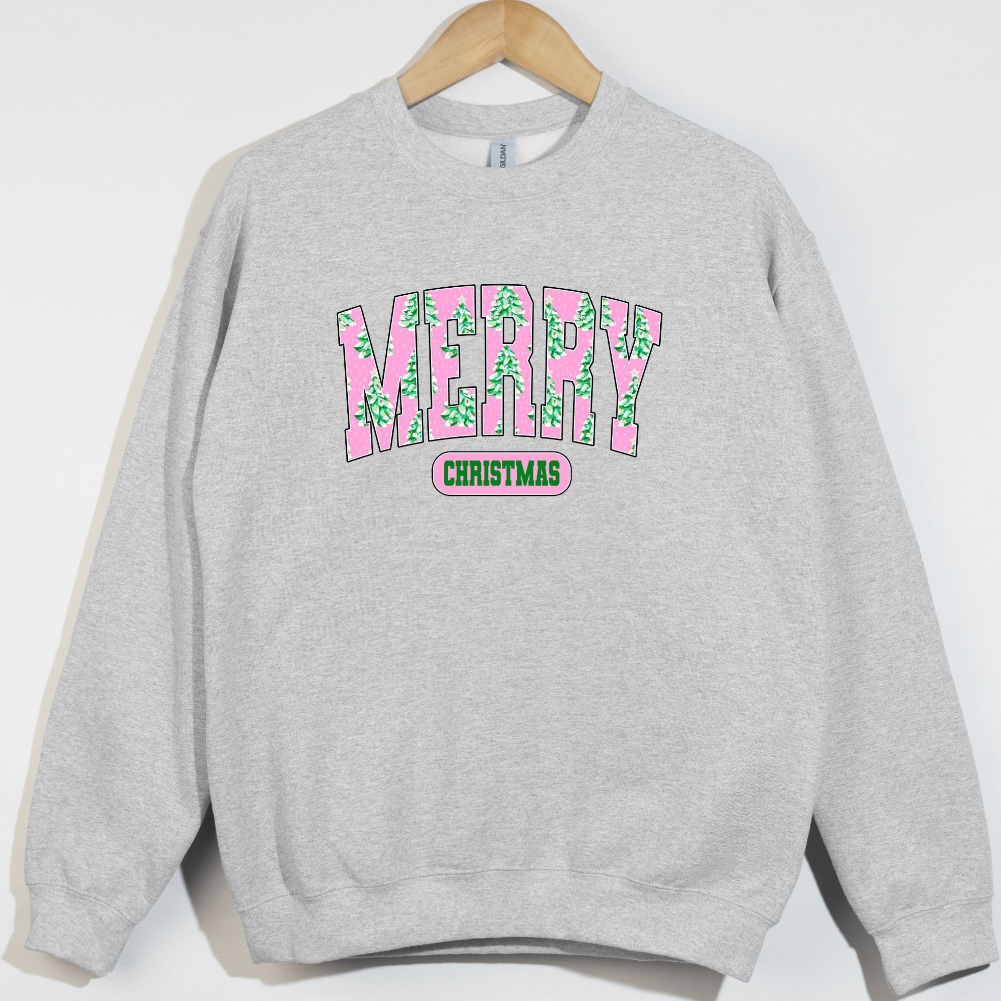 Soft Pink Tree Pattern Merry Christmas Varsity