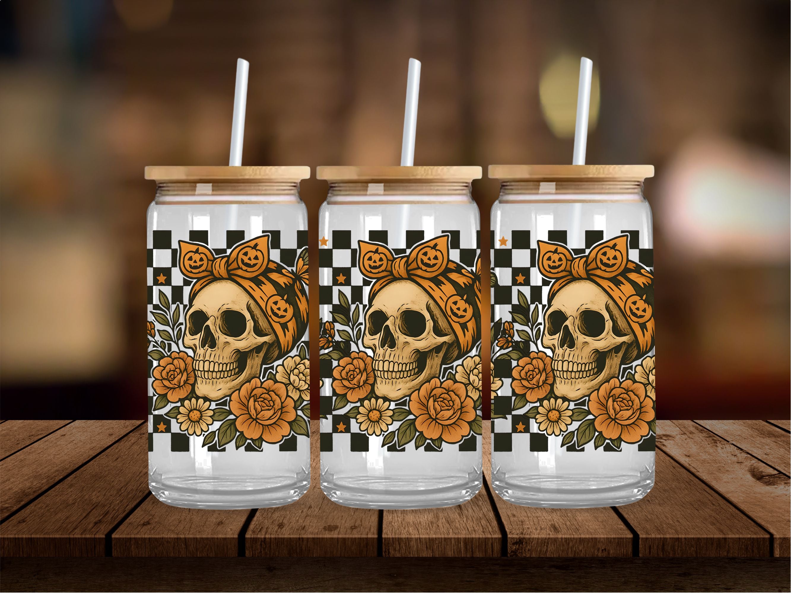Spooky Skull Checkered 16 Oz Wrap