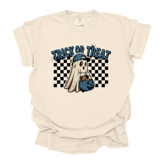 Trick Or Treat Cute Ghost Checkered Blue
