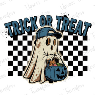 Trick Or Treat Cute Ghost Checkered Blue