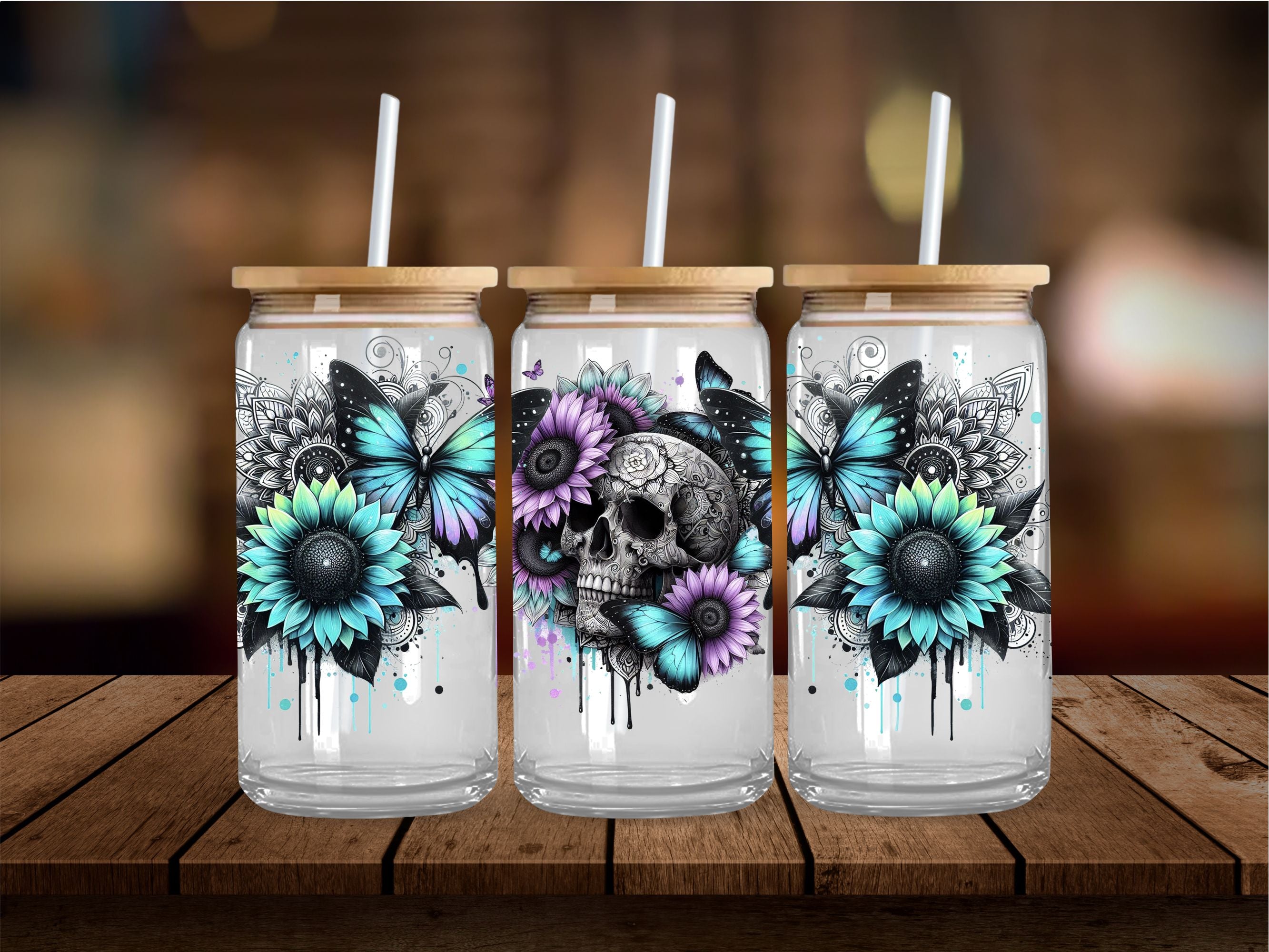 Vibrant Flowers Skull 16 Oz Wrap