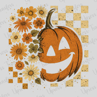 Vintage Boho Floral Pumpkin Checkered